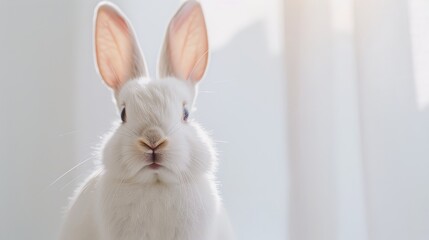Obraz premium A fluffy white rabbit with big pink ears sits against a blurred white background, looking directly at the camera. The soft lighting creates a gentle and innocent atmosphere, symbolizing purity, gentle
