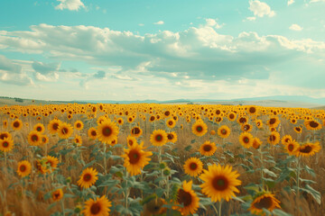 Obraz premium A field of yellow sunflowers with a blue sky in the background