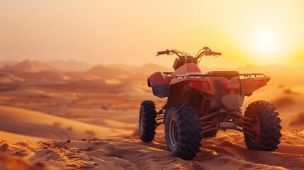 An ATV is parked in a desert landscape at sunset. The ATV symbolizes adventure, freedom, exploration, the beauty of nature, and the thrill of off-road driving.