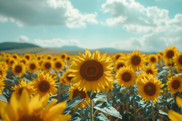 Obraz premium A field of yellow sunflowers with a blue sky in the background