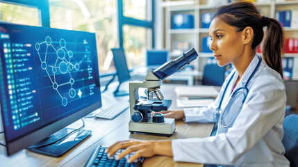 A focused scientist analyzes data on a computer while using a microscope in a modern laboratory setting.