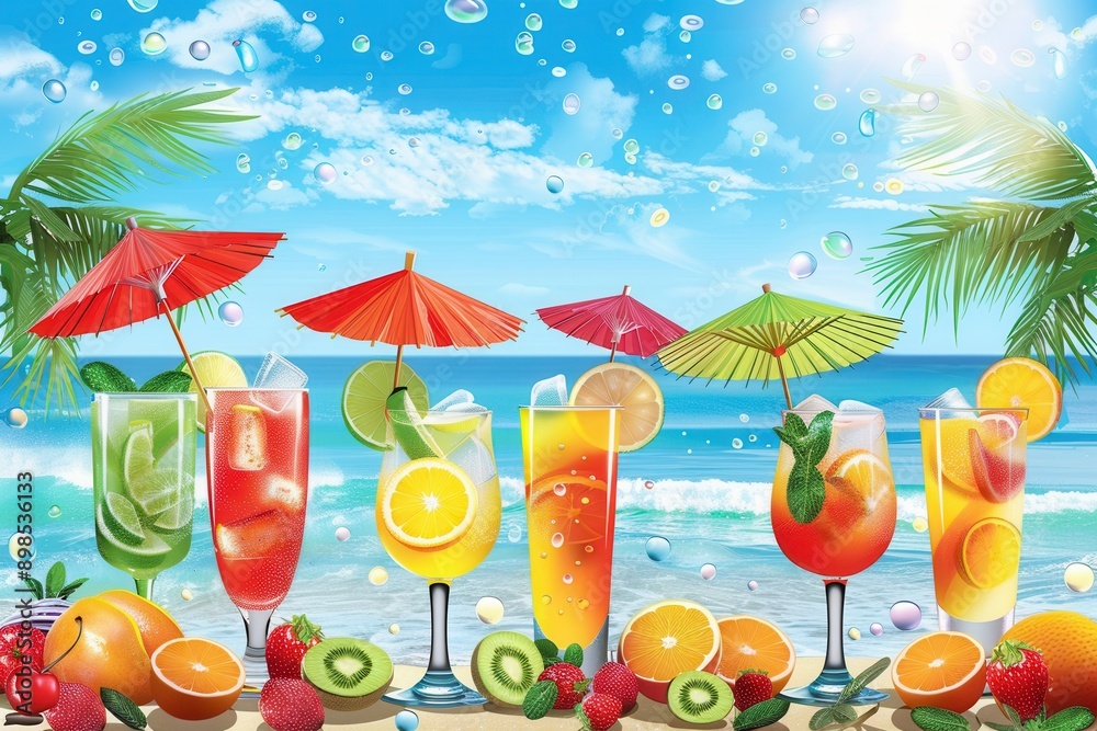 Aufkleber A row of colorful cocktails garnished with fruit and topped with small umbrellas sit on a beach with palm trees and a blue ocean in the background. Generative AI
