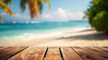 Wooden Plank Table Top on Blurred Tropical Beach with Blue Ocean, Palm Trees, and White Sand