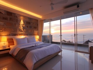 A luxurious hotel bedroom with modern decor, featuring a stunning ocean view and sunset lighting for a relaxing and serene atmosphere.