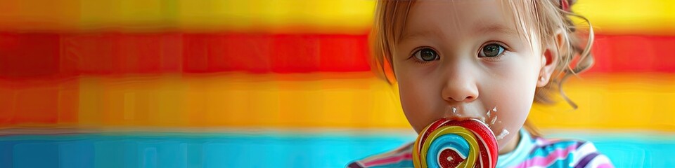 a small child eats a lollipop on a stick. Selective focus