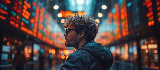 Obraz premium Young Man in a City Setting, Illuminated by Warm Lights