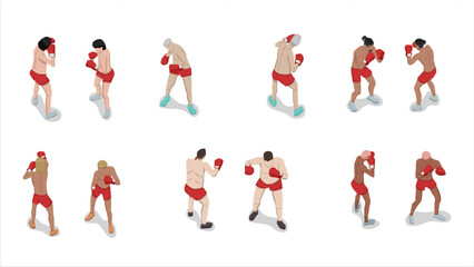 isometric set of man people practice boxing and punching pose activity