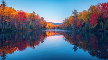 Vibrant Autumn Reflections: A Serene Lake Surrounded by Fiery Fall Foliage