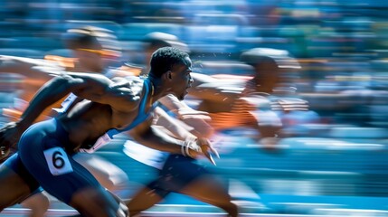 Male Olympic Sprinter Mid-Strides in 100-Meter Race