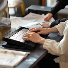 Detailed shot of hands operating a portable scanner