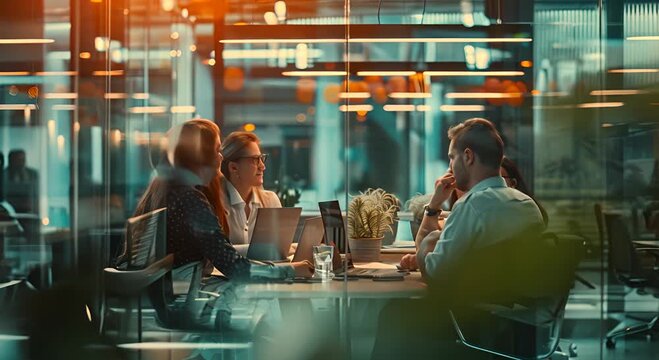 A group of people are sitting around a table in a room with a potted plant in the middle. They are all working on laptops and seem to be discussing something. The atmosphere is focused