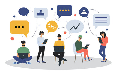 Flat illustration people with computers and speech bubbles. Men and women with laptops at remote work online business communication.