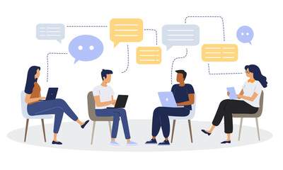 Flat illustration people with computers. Men and women with laptops. Dialogue and communicate at workplace between colleagues