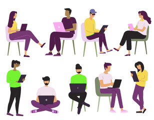 Set of isolated people with laptops. Diverse men and women at remote work online business communication. Business people office life. Flat illustration
