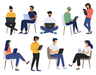 Set of isolated people with laptops. Diverse men and women at remote work online business communication. Business people office life. Flat illustration