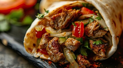 close-up of delicious juicy shawarma. Selective focus