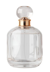 Elegant Transparent Perfume Bottle with Gold Cap, Stylish Fragrance Container on a White Background