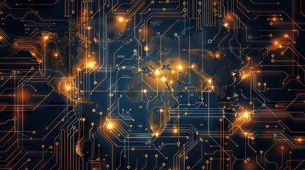 Global big data and innovation technologies concept with perspective view on digital glowing world map contour on blue illuminated background. AI generated illustration
