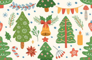 Big christmas pattern of elements for design. pattern with Christmas tree, gifts, garlands stars, twigs and leaves. Cute elements in Memphis boho style. Vector Hand drawing in Scandinavian style.