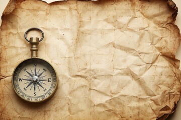 Old compass on vintage map. Adventure stories background. Retro style