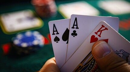 close up of cards in hands playing poker. Selective focus
