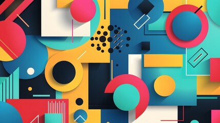 Obraz premium Geometric Shapes: An abstract background featuring a mix of geometric shapes in varying sizes and bold colors. 