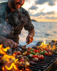Fototapeta premium Chef grilling vegetables on a blazing beachside BBQ, blending nutrition with seaside cooking, Coastal Cuisine