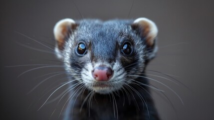 Fototapeta premium Curious ferret with wide eyes and perked ears looks directly at the camera against a brown background, exuding alertness and playfulness