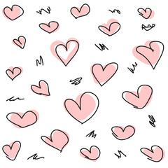 Hand drawn hearts seamless pattern. Continuous line drawing of a heart, black and white vector minimalist love concept illustration