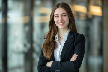 Fototapeta premium Confident young professional woman in modern office environment, wearing business attire and smiling. Ideal for corporate, professional and business use images. Generative AI