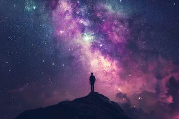 Fototapeta premium Silhouette of Man on Mountain Peak, Purple Milky Way Galaxy Night Sky - Hope, Inspiration, Dreams Concept