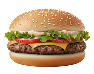 High-Quality Image of a Classic Cheeseburger with Lettuce, Tomato, Cheese, and Onion on a Sesame Seed Bun