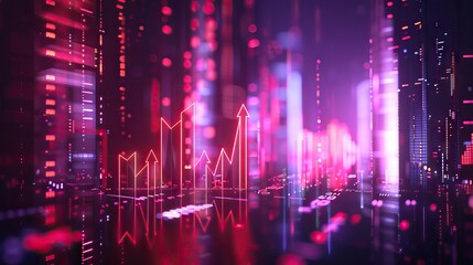 Obraz premium Financial chart with moving up arrow graph and world map in stock market on red color background. AI generated illustration