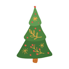 Flat christmas tree, cute christmas tree. Cute elements in Memphis boho style. Vector Hand drawing in Scandinavian style.