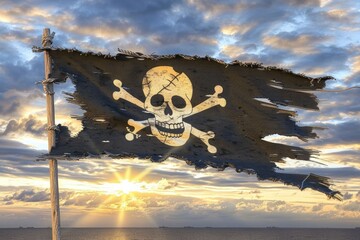 Pirate skull flag in torn fabric  mysterious hacker concept.