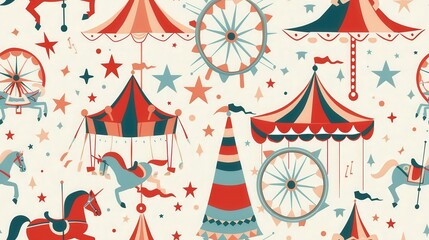 A whimsical pattern of carnival attractions, including Ferris wheels, carousels with horses, and stars, against a light background