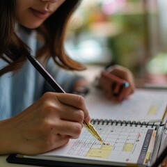 Detailed view of a person managing their schedule on a diary 