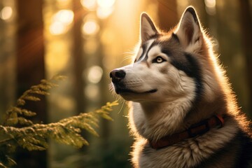 A dog with a red collar is standing in a forest