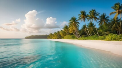  Scenic tropical beach with palm trees and white sand, perfect for a relaxing getaway
