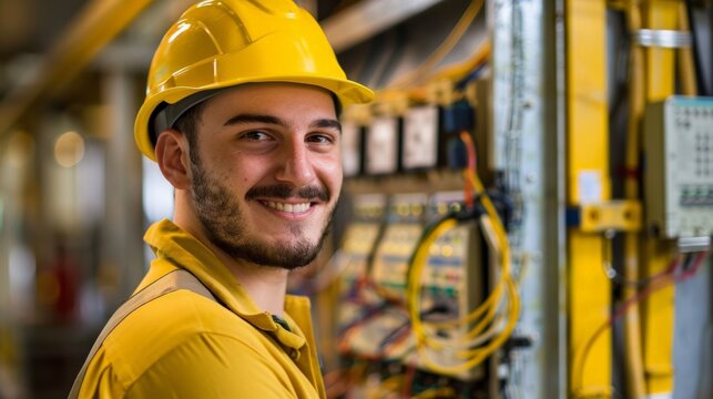 A man in a yellow shirt and hard hat is smiling