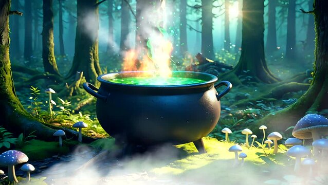A magical cauldron bubbles and steams in a mysterious forest settings, seamless looping animation time lapse 4k video background 