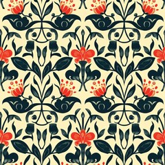 A repeating pattern of red flowers with black stems and leaves on a yellow background