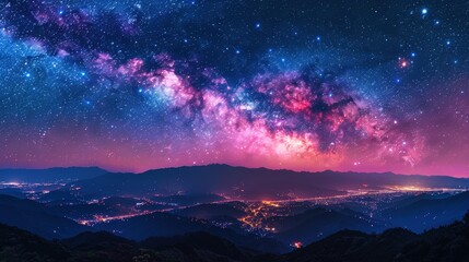 Naklejka premium Breathtaking Starry Night Sky over Illuminated Mountain Valley Landscape