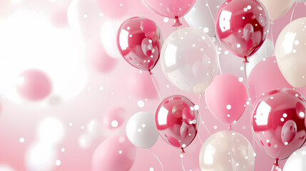 Colorful pink and white balloons floating in a soft pastel background, creating a cheerful and festive atmosphere.