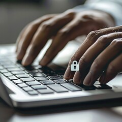 Detailed view of hands typing on a keyboard with lock icon 