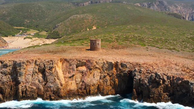 Aerial view on Cala Domestica Beach and landscape around. Sardinia, Italy