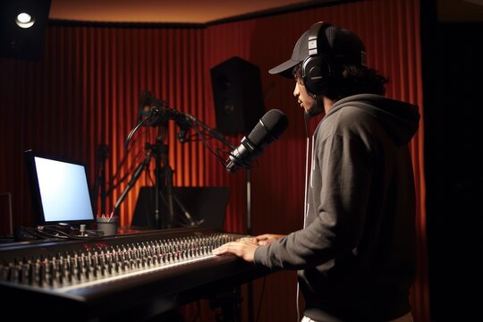 A black male singer is recording vocals in a music studio using a microphone and wearing headphones. The rap artist is recording a new album