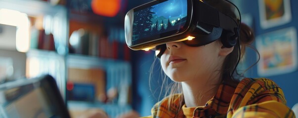 A child experiencing virtual reality with a VR headset, deeply immersed in a digital world in a colorful room.