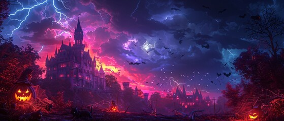Fototapeta premium Spooky Haunted Castle in Halloween 3D Scene with Lightning, Black Cats, and Cobwebs Halloween Concept