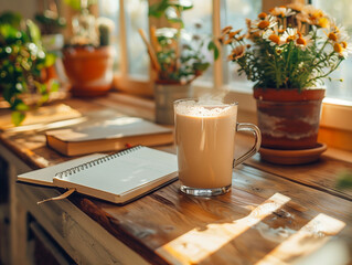 Glass of hot steaming tea with milk, notepad on the table
